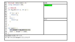 01. #include <bits/stdc++.h>
02. using namespace std;
03.
04. // 関数定義
05. int my_min(int x, int y) {
06.
07. if (x < y) {
08. return x;
09. }
10. else {
11. return y;
12. }
13.
14. }
15.
16. int main() {
17. int answer = my_min(10, 5);
18. cout << answer << endl;
19. }
main関数の処理に戻ります
返り値である5がanswerに代入されます
answer = 5
変数
出力
 