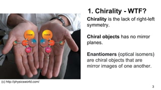 Chirality is the lack of right-left
symmetry.
Chiral objects has no mirror
planes.
Enantiomers (optical isomers)
are chiral objects that are
mirror images of one another.
3
1. Chirality - WTF?
(с) http://physicsworld.com/
 