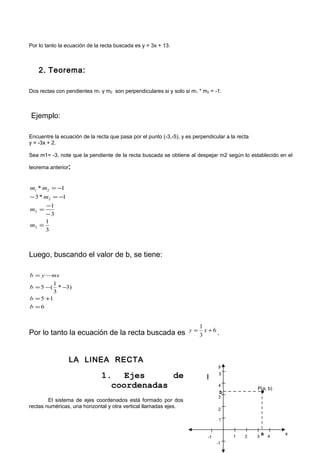 Por lo tanto la ecuación de la recta buscada es y = 3x + 13.
2. Teorema:
Dos rectas con pendientes m1 y m2 son perpendiculares si y solo si m1 * m2 = -1.
Ejemplo:
Encuentre la ecuación de la recta que pasa por el punto (-3,-5), y es perpendicular a la recta
y = -3x + 2.
Sea m1= -3, note que la pendiente de la recta buscada se obtiene al despejar m2 según lo establecido en el
teorema anterior:
3
1
3
1
1*3
1*
2
2
2
21
=
−
−
=
−=−
−=
m
m
m
mm
Luego, buscando el valor de b, se tiene:
6
15
)3*
3
1
(5
=
+=
−−=
−=
b
b
b
mxyb
Por lo tanto la ecuación de la recta buscada es 6
3
1
+= xy .
LA LINEA RECTA
1. Ejes de
coordenadas
El sistema de ejes coordenados está formado por dos
rectas numéricas, una horizontal y otra vertical llamadas ejes.
I
1-1
1
-1
2
2
3
3
4
4
5
•
a
b
P(a, b)
x
y
 