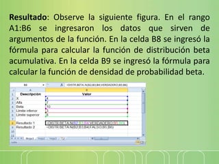 Resultado: Observe la siguiente figura. En el rango
A1:B6 se ingresaron los datos que sirven de
argumentos de la función. En la celda B8 se ingresó la
fórmula para calcular la función de distribución beta
acumulativa. En la celda B9 se ingresó la fórmula para
calcular la función de densidad de probabilidad beta.
 