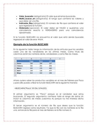  Valor_buscado (obligat orio): El valor que estamos buscando.
 Matriz_buscar_en (obligat orio): El rango que contiene los valores y
que debe ser una fila.
 Indicador_filas (obligat orio): El número de fila que contiene el valor
que regresará la función.
 Ordenado (opcional): El valor debe ser FALSO si queremos una
coincidencia exacta o VERDADERO para una coincidencia
aproximada.
Si la función BUSCARH no encuentra el valor que está siendo buscado
regresará el valor de error #N/A.
Ejemplo de la función BUSCARH
En la siguiente tabla tengo la información de los artículos que ha vendido
cada uno de los vendedores en los últimos meses. Como título de
columnas están los nombres de los vendedores y como filas los meses.
Ahora quiero saber los productos vendidos en el mes de Febrero por Paco
y para ello puedo utilizar la función BUSCARH de la siguiente manera:
=BUSCARH("Paco", B1:D6, 3,FALSO)
El primer argumento es “Paco” porque es el vendedor que estoy
buscando. El segundo argumento contiene todo el rango de datos sin
incluir la columna de meses (columna A) porque no me interesa dicha
información.
El tercer argumento es el número de fila que deseo que la función
BUSCARH regrese como resultado. Ya que la fila con los nombres es la fila
uno, entonces la fila para el mes de febrero es la fila número 3.
 