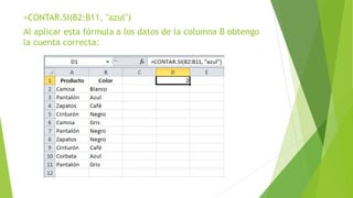 =CONTAR.SI(B2:B11, "azul")
Al aplicar esta fórmula a los datos de la columna B obtengo
la cuenta correcta:
 