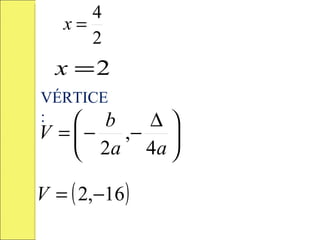 4
   x=
      2
  x =2
VÉRTICE
:   b    ∆
V =  − ,− 
     2a 4a 

V = ( 2,−16 )
 