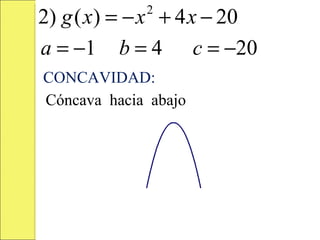 2) g ( x) = − x + 4 x − 20
             2


a = −1 b = 4 c = −20
CONCAVIDAD:
Cóncava hacia abajo
 