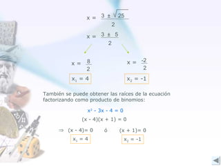 3 ± 25
2
x =
2
x = 3 ± 5
2
x = 8
2
x = -2
x1 = 4 x2 = -1
También se puede obtener las raíces de la ecuación
factorizando como producto de binomios:
x2
- 3x - 4 = 0
(x - 4)(x + 1) = 0
(x - 4)= 0 ó (x + 1)= 0
x1 = 4 x2 = -1
⇒
 