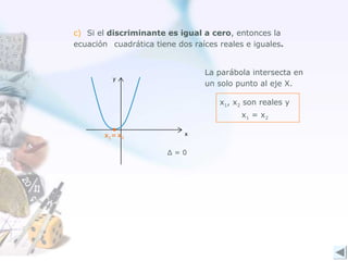 c) Si el discriminante es igual a cero, entonces la
ecuación cuadrática tiene dos raíces reales e iguales.
La parábola intersecta en
un solo punto al eje X.
Δ = 0
x1, x2 son reales y
x1 = x2
x2x1=
 