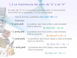 El valor de “b” en la ecuación permite saber el movimiento
horizontal de la parábola y “a” su concavidad.
Sea la función cuadrática f(x)=ax² +bx + c
Entonces:
Si a>0 y b<0 la parábola abre hacia arriba y está orientada
hacia la derecha.
Si a>0 y b>0 la parábola abre hacia arriba y está orientada
hacia la izquierda.
Si a<0 y b>0 la parábola abre hacia abajo y esta orientada
hacia la derecha.
Si a<0 y b<0 la parábola abre hacia abajo y esta orientada
hacia la izquierda.
1.3 La importancia del valor de “a” y de “b”
Ej. f(x)=2x² - 3x +2
Ej. f(x)=x² + 3x - 2
Ej. f(x)=-3x + 4x – 1
Ej. f(x)=-x² - 4x + 1
 