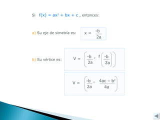 Si f(x) = ax2
+ bx + c , entonces:
b) Su vértice es:
a) Su eje de simetría es:
2a 2a
V =
-b , f -b
4a
-b , 4ac – b2
2a
V =
-b
2a
x =
 