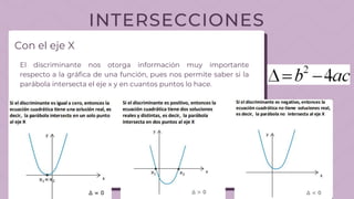 INTERSECCIONES
Con el eje X
El discriminante nos otorga información muy importante
respecto a la gráfica de una función, pues nos permite saber si la
parábola intersecta el eje x y en cuantos puntos lo hace.
 