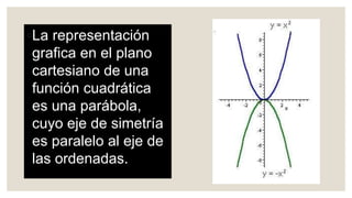 ◦La representación
grafica en el plano
cartesiano de una
función cuadrática
es una parábola,
cuyo eje de simetría
es paralelo al eje de
las ordenadas.
 