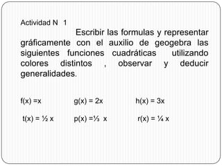 Actividad N 1
             Escribir las formulas y representar
gráficamente con el auxilio de geogebra las
siguientes funciones cuadráticas       utilizando
colores distintos , observar y deducir
generalidades.


f(x) =x         g(x) = 2x     h(x) = 3x

t(x) = ½ x      p(x) =⅓ x     r(x) = ¼ x
 