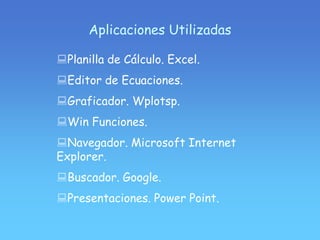 Aplicaciones Utilizadas

Planilla de Cálculo. Excel.
Editor de Ecuaciones.
Graficador. Wplotsp.
Win Funciones.
Navegador. Microsoft Internet
Explorer.
Buscador. Google.
Presentaciones. Power Point.
 
