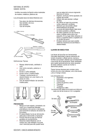 MATERIAL DE APOYO
GRADO: SEXTOS
    tornillos ranurados de fijación sobre materiales            que se salga de la ranura originando
    de madera, metálicos, plásticos etc                         lesiones en manos.
                                                               Espesor, anchura y forma ajustado a la
Los principales tipos de destornilladores son:                  cabeza del tornillo.
                                                               Utilizar sólo para apretar o aflojar
•          Tipo plano de distintas dimensiones.                 tornillos.
•          Tipo estrella o de cruz.                            No utilizar en lugar de punzones,
•          Tipo acodado.                                        cuñas, palancas o similares.
•          Tipo de horquilla.                                  Siempre que sea posible utilizar
                                                                destornilladores de estrella.
                                                               La punta del destornillador debe tener
                                                                los lados paralelos y afilados.
                                                               No debe sujetarse con las manos la
                                                                pieza a trabajar sobre todo si es
                                                                pequeña. En su lugar debe utilizarse un
                                                                banco o superficie plana o sujetarla con
                                                                un tornillo de banco.
                                                               Emplear siempre que sean posible
                                                                sistemas mecánicos de atornillado o
                                                                desatornillado.


                                                       LLAVES DE BOCA FIJA


                                                       Las llaves de boca fija son herramientas
                                                       manuales destinadas a ejercer esfuerzos de
                                                       torsión al apretar o aflojar pernos, tuercas y
                                                       tornillos que posean cabezas que correspondan
Deficiencias Típicas                                   a las bocas de la herramienta. Están diseñadas
                                                       para sujetar generalmente las caras opuestas
          Mango deteriorado, astillado o              de estas cabezas cuando se montan o
           roto.                                       desmontan piezas.
          Uso como escoplo, palanca o
           punzón.                                     Tienen formas diversas pero constan como
          Punta o caña doblada.                       mínimo de una o dos cabezas, una o dos bocas
          Punta roma o malformada.                    y de un mango o brazo.
          Trabajar manteniendo el                     Los principales son:
           destornillador en una mano y la                  Españolas o de ingeniero
           pieza en otra.                                   Estriadas
          Uso de destornillador de tamaño                  Combinadas
           inadecuado.                                      Llaves de gancho o nariz
                                                            Tubulares
                                                            Trinquete
                                                            Hexagonal o allen
                                                        La anchura del calibre de la tuerca se indica en
                                                          cada una de las bocas en mm o pulgadas




PREVENCIÓN
    Mango en buen estado y amoldado a la
      mano con o superficies laterales
      prismáticas o con surcos o nervaduras
      para transmitir el esfuerzo de torsión de
      la muñeca.
    El destornillador ha de ser del tamaño
      adecuado al del tornillo a manipular.
    Porción final de la hoja con flancos
      paralelos sin acuñamientos.
    Desechar destornilladores con el
      mango roto, hoja doblada o la punta
      rota o retorcida pues ello puede hacer



DOCENTE: CARLOS ADRIAN RENGIFO
 