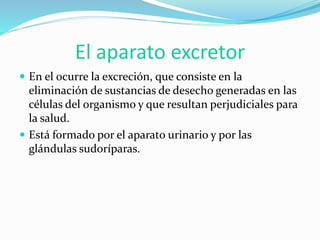 El aparato excretor
 En el ocurre la excreción, que consiste en la
eliminación de sustancias de desecho generadas en las
células del organismo y que resultan perjudiciales para
la salud.
 Está formado por el aparato urinario y por las
glándulas sudoríparas.
 
