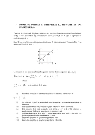  FORMA DE OBTENER E INTERPRETAR LA PENDIENTE DE UNA
FUNCIÓN LINEAL.
Teorema: A todo recta L del plano cartesiano está asociado al menos una ecuación de la forma
ax+by +c = 0 , en donde a, b y c son números reales; (a=/= 0, b =/= 0) y (x, y) representa un
punto genérico de L.
Sean Q(x1 , y1) y R(x2 , y2), dos puntos distintos, en el plano cartesiano. Tomamos P(x, y) un
punto genérico de la recta L.
La ecuación de una recta se define de la siguiente manera: dados dos puntos Q(x1 , y1) y
R(x2 , y2) : 𝑦 − 𝑦1 =
𝑦2−𝑦1
𝑥2⁡⁡⁡−𝑥1
(𝑥 − 𝑥1)⁡⁡⁡⁡⁡⁡⁡⁡𝑠𝑖⁡⁡⁡𝑥2⁡⁡⁡ ≠ 𝑥1⁡⁡⁡⁡⁡⁡(1)
Donde
𝑦2−𝑦1
𝑥2−𝑥1
= 𝑚 (2) es la pendiente de la recta.
i) Cuando la ecuación de la recta está definida de la forma: ax+by +c = 0
𝑚 = −
𝑎
𝑐
(3)
ii) Si x2 - x1 = 0 y y2 =/= y1, entonces la recta es vertical y se dice que la pendiente es
indefinida.
iii) Dos rectas distintas son paralelas si y sólo si tienen la misma pendiente.
iv) Si la ecuación de la recta se escribe en la forma ax +by= c, (b =/= 0), entonces se
puede calcular fácilmente la pendiente m, como m =-a/b.
v) Si m1 es la pendiente de la recta L1, m2 es la pendiente de la recta L2, m1 =/= 0 y L1
y L2 son perpendiculares, entonces m2 = - 1/m1.
vi) Las rectas paralelas al eje x tienen pendiente cero.
vii) Las rectas paralelas al eje y tienen pendiente indefinida.
 