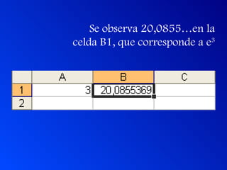 Se observa 20,0855…en la celda B1, que corresponde a e 3 