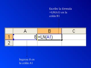 Ingresa 8 en la celda A1 Escribe la fórmula =LN(A1) en la celda B1 