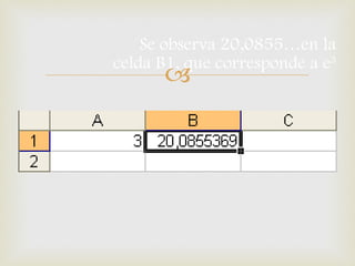 Se observa 20,0855…en la celda B1, que corresponde a e 3 