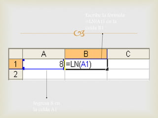 Ingresa 8 en la celda A1 Escribe la fórmula =LN(A1) en la celda B1 