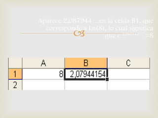Aparece 2,087944…en la celda B1, que corresponde a Ln(8), lo cual significa que e  2,087944…  =8 