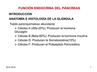 FUNCIÓN ENDOCRINA DEL PÁNCREAS
Tejido parenquimatoso abundante
 Células A (Alfa-25%): Producen la hormona
Glucagón
 Células B (Beta-60%): Producen la hormona Insulina
 Células D: Producen la Somatostatina(10%)
 Células F: Producen el Polipéptido Pancreático
INTRODUCCION
ANATOMÍA E HISTOLOGÍA DE LA GLÁNDULA
30-01-2015 1
 