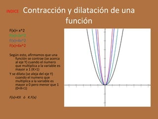 Contracción y dilatación de una
función
F(x)= x^2
F(x)=2x^2
F(x)=4x^2
F(x)=6x^2
Según esto, afirmamos que una
función se contrae (se acerca
al eje Y) cuando el numero
que multiplica a la variable es
mayor a 1 (K>1)
Y se dilata (se aleja del eje Y)
cuando el numero que
multiplica a la variable es
mayor a 0 pero menor que 1
(0<K<1)
F(x)=KX ó K.F(x)
−5 −4 −3 −2 −1 1 2 3 4 5 6
−2
−1
1
2
3
4
5
6
x
y
INDICE
 