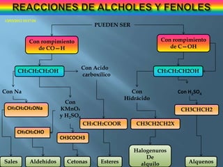 13/03/2012 10:17:04
                                         PUEDEN SER

              Con rompimiento                                     Con rompimiento
                 de CO—H                                             de C—OH


                                     Con Acido
        CH3CH2CH2OH                                               CH3CH2CH2OH
                                     carboxílico


Con Na                                                  Con            Con H2SO4
                                                      Hidrácido
                             Con
 CH3CH2CH2ONa              KMnO4                                        CH3CHCH2
                           y H2SO4
                                     CH3CH2COOR           CH3CH2CH2X
       CH3CH2CHO
                           CH3COCH3

                                                         Halogenuros
                                                             De
Sales          Aldehídos     Cetonas        Esteres        alquilo         Alquenos
 