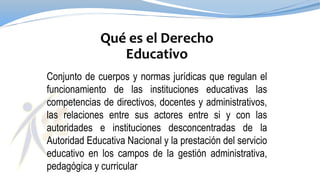 Conjunto de cuerpos y normas jurídicas que regulan el
funcionamiento de las instituciones educativas las
competencias de directivos, docentes y administrativos,
las relaciones entre sus actores entre si y con las
autoridades e instituciones desconcentradas de la
Autoridad Educativa Nacional y la prestación del servicio
educativo en los campos de la gestión administrativa,
pedagógica y curricular
Qué es el Derecho
Educativo
 