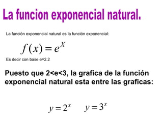 La función exponencial natural es la función exponencial:
X
exf =)(
x
y 2=
Es decir con base e=2.2
Puesto que 2<e<3, la grafica de la función
exponencial natural esta entre las graficas:
x
y 3=
 