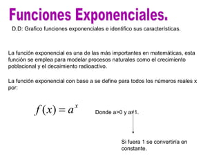 La función exponencial es una de las más importantes en matemáticas, esta
función se emplea para modelar procesos naturales como el crecimiento
poblacional y el decaimiento radioactivo.
La función exponencial con base a se define para todos los números reales x
por:
x
axf =)( Donde a>0 y a≠1.
Si fuera 1 se convertiría en
constante.
D.D: Grafico funciones exponenciales e identifico sus características.
 