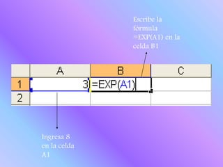 Escribe la fórmula =EXP(A1) en la celda B1Ingresa 8 en la celda A1
