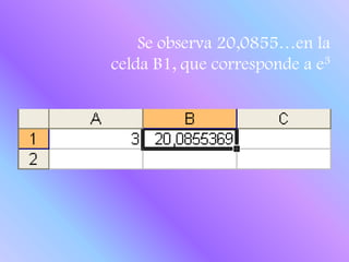 Se observa 20,0855…en la celda B1, que corresponde a e3
