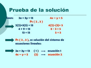 Prueba de la solución
Sean:     2x + 3y = 13              4x – y = 5
                    Ps ( 2 , 3 )
        2(2)+3(3) = 13             4(2)-(3)= 5
          4 + 9 = 13                 8-3=5
             13 = 13                    5=5

        Ps ( 2 , 3 ), es solución del sistema de
        ecuaciones lineales:

        2x + 3y = 13   (1)         ecuación 1
        4x – y = 5     (2)         ecuación 2
 
