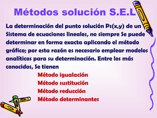 Métodos solución S.E.L
La determinación del punto solución Ps(x,y) de un
Sistema de ecuaciones lineales, no siempre Se puede
determinar en forma exacta aplicando el método
gráfico; por esta razón es necesario emplear modelos
analíticos para su determinación. Entre los más
conocidos, Se tienen
            Método igualación
            Método sustitución
            Método reducción
            Método determinantes
 