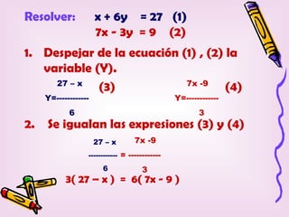 Resolver:             x + 6y = 27 (1)
                      7x - 3y = 9 (2)
1. Despejar de la ecuación (1) , (2) la
   variable (Y).
     27 – x                 7x -9
             (3)                     (4)
     Y=------------                             Y=------------
            6                                          3
2.   Se igualan las expresiones (3) y (4)
                      27 – x       7x -9
                  ------------ = ------------
                        6            3
           3( 27 – x ) = 6( 7x - 9 )
 