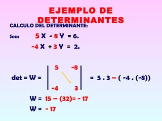 EJEMPLO DE
         DETERMINANTES
CALCULO DEL DETERMINANTE:

Sea:    5 X - 8 Y = 6.
       -4 X + 3 Y = 2.

               5    -8
det = W =                    = 5 . 3 – ( -4 . (-8))
              -4     3
       W = 15 – (32)= - 17
       W = - 17
 