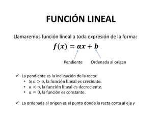 FUNCIÓN LINEAL
𝒇(𝒙) = 𝒂𝒙 + 𝒃
Llamaremos función lineal a toda expresión de la forma:
Pendiente Ordenada al origen
 La pendiente es la inclinación de la recta:
• Si 𝑎 > 𝑜, la función lineal es creciente.
• 𝑎 < 𝑜, la función lineal es decreciente.
• 𝑎 = 0, la función es constante.
 La ordenada al origen es el punto donde la recta corta al eje y
 