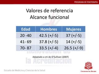Valores de referencia
    Alcance funcional

 Edad           Hombres                Mujeres
20 -40         42.5 (+/-5)             37 (+/-5)
41- 69         37.8 (+/-5)             14 (+/-5)
70- 87         33.5 (+/-4)            26.5 (+/-9)
         Adoptado a cm de O’Sullivan (2007)
 