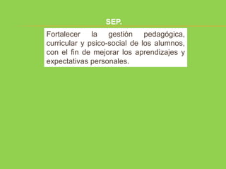 SEP.
Fortalecer la gestión pedagógica,
curricular y psico-social de los alumnos,
con el fin de mejorar los aprendizajes y
expectativas personales.
 