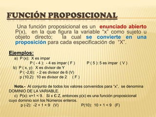 FUNCIÓN PROPOSICIONAL
Una función proposicional es un enunciado abierto
P(x), en la que figura la variable “x” como sujeto u
objeto directo; la cual se convierte en una
proposición para cada especificación de “X”.
Ejemplos:
a) P (x): X es impar
P ( - 4 ): - 4 es impar ( F ) P ( 5 ): 5 es impar ( V )
b) P ( x, y): X es divisor de Y
P ( -2,6): - 2 es divisor de 6 (V)
p (10,2): 10 es divisor de 2 ( F )
Nota.- Al conjunto de todos los valores convenidos para “x”, se denomina
DOMINIO DE LA VARIABLE.
c) P(x): x+1 < 9. Si x Є Z, entonces p(x) es una función proposicional
cuyo dominio son los Números enteros.
p (-2): -2 + 1 < 9 (V) P(10): 10 + 1 < 9 (F)
 