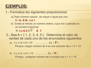 EJEMPLOS:
1.- Formaliza las siguientes proposiciones:
a) Todo número natural , es mayor o igual que uno
R: ∀x Є N; x ≥ 1
b) Existe al menos un número entero, cuya raíz cuadrada es
un número irracional.
R: ∃ x Є Z / Є I
2.- Sea A = { 1, 2, 3, 4, 5 }. Determine el valor de
verdad de cada uno de los enunciados siguientes:
a) ∃ x ∈ A/ x+3 =10 ……………. Es ( F )
Porque, ningún número de A es una solución de x + 3 = 10
b) ∀ x ∈ A: x+3 < 10 ………….. Es ( V )
Porque, cualquier número de A cumple que x + 3 < 10.
 