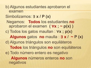 b) Algunos estudiantes aprobaron el
examen
Simbolizamos: ∃ x / P (x)
Negamos: Todos los estudiantes no
aprobaron el examen ( ∀x ; ~ p(x) )
c) Todos los gatos maullan : ∀x ; p(x)
Algunos gatos no maulla : ∃ x / ~ P (x)
d) Algunos triángulos son equiláteros
Todos los triángulos no son equiláteros
e) Todo número entero es negativo
Algunos números enteros no son
negativos
 