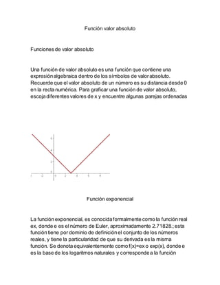 Función valor absoluto
Funciones de valor absoluto
Una función de valor absoluto es una función que contiene una
expresiónalgebraica dentro de los símbolos de valorabsoluto.
Recuerde que el valor absoluto de un número es su distancia desde 0
en la recta numérica. Para graficar una función de valor absoluto,
escojadiferentes valores de x y encuentre algunas parejas ordenadas
Función exponencial
La función exponencial, es conocidaformalmente como la función real
ex, donde e es el número de Euler, aproximadamente 2.71828.;esta
función tiene por dominio de definiciónel conjunto de los números
reales, y tiene la particularidad de que su derivada es la misma
función. Se denota equivalentemente como f(x)=ex o exp(x), donde e
es la base de los logaritmos naturales y correspondea la función
 