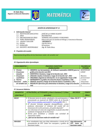 M. Pablo Meza
Magister en Educación Matemática




                                             SESIÓN DE APRENDIZAJE Nº 14

         I. Información General
            1.1. INSTITUCION EDUCATIVA            : JOSÉ DE LA TORRE UGARTE
            1.2. AREA                              :MATEMÁTICA
            1.3. ORGANIZADOR DE ÁREA              : NÚMERO, RELACIONES Y FUNCIONES
            1.4. TEMA TRANSVERSAL                  :Educación para la Gestión de Riesgo y Conciencia Humana.
            1.5. GRADO Y SECCIÓN                   : SEGUNDO B
            1.6. FECHA                             : 06/05/20112
            1.7. DURACIÓN                          :90 minutos
            1.8. DOCENTE RESPONSABLE              : Mg. M. Pablo Meza

         II. Propósito de la sesión

         Representación gráficas de las funciones reales de variable real



         III. Organización delos Aprendizajes

         CONOCIMIENTOS                                     PROCESOS COGNITIVOS                                  VALORES/AC
                                                               (HABILIDADES)                                      TITUDES.
         1. Previos                OBSERVA: Las herramientas de Software matemático DERIVE para La              RESPONSABI
            Ecuaciones             gráfica de la función real (RD)                                              LIDAD
            Lineales               IDENTIFICA: Dominio y rango de la función real. (RD)
            Ecuaciones             ANALIZA: Analiza el dominio y rango de la función real (RD)                  Muestra
            cuadráticas            ORGANIZA: Organiza la información en un organizador visual. (CM)             perseveranci
         2. Nuevos                 REPRESENTA: La gráfica de la función lineal y Cuadrática ( CM)               a en las
         Funciones reales          DEDUCE: Dominio y Rango de la función lineal y Cuadrática ( CM )             situaciones
            de variable real       RESUELVE: Ejercicios para determinar el dominio y rango de la función        problemática
                                   real,                                                                        s.

         IV. Secuencia Didáctica
          MOMENTOS         ESTRATEGÍAS y ACTIVIDADES (¿Cómo lo haremos?) Y (Cómo                 RECURSOS           TIEMPO
          (¿Qué Hacer?                                aprenden)                                                      (Mint.)
         INICIO                El docente inicia la sesión, saludando a los participantes y   Video .FIG N° 1       20
                               presentando un material de VIDEO sobre de la función.
                               http://www.youtube.com/watch?v=lixFuzigJR0 FIG: 1 .
                               El docente formula pregunta desequilibrante. ¿cómo
                               podemos determinar el volumen del caudal del río
                               Amazonas de la selva peruana. ¿de quién depende?
                               Las relaciones de estas dos magnitudes se puede describir
                               mediante el lenguaje de las funciones
                               Sirven para modelizar y estudiar una variedad de
                               situaciones reales.
                               ¿Qué son las funciones reales de variable real?

         PROCESO               Los estudiantes leen una Hoja informativa a través de la       Hoja Informativa      40
                               presentación de PPT. Sobre los conceptos y gráfica de          PPT. Sobre las
                               funciones reales.                                              funciones reales
 