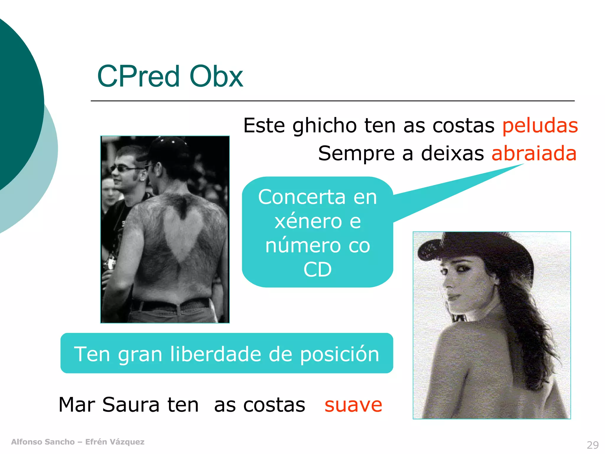 CPred Obx Este ghicho ten as costas  peludas Mar Saura ten Concerta en xénero e número co CD Ten gran liberdade de posición suave as costas Sempre a deixas  abraiada 
