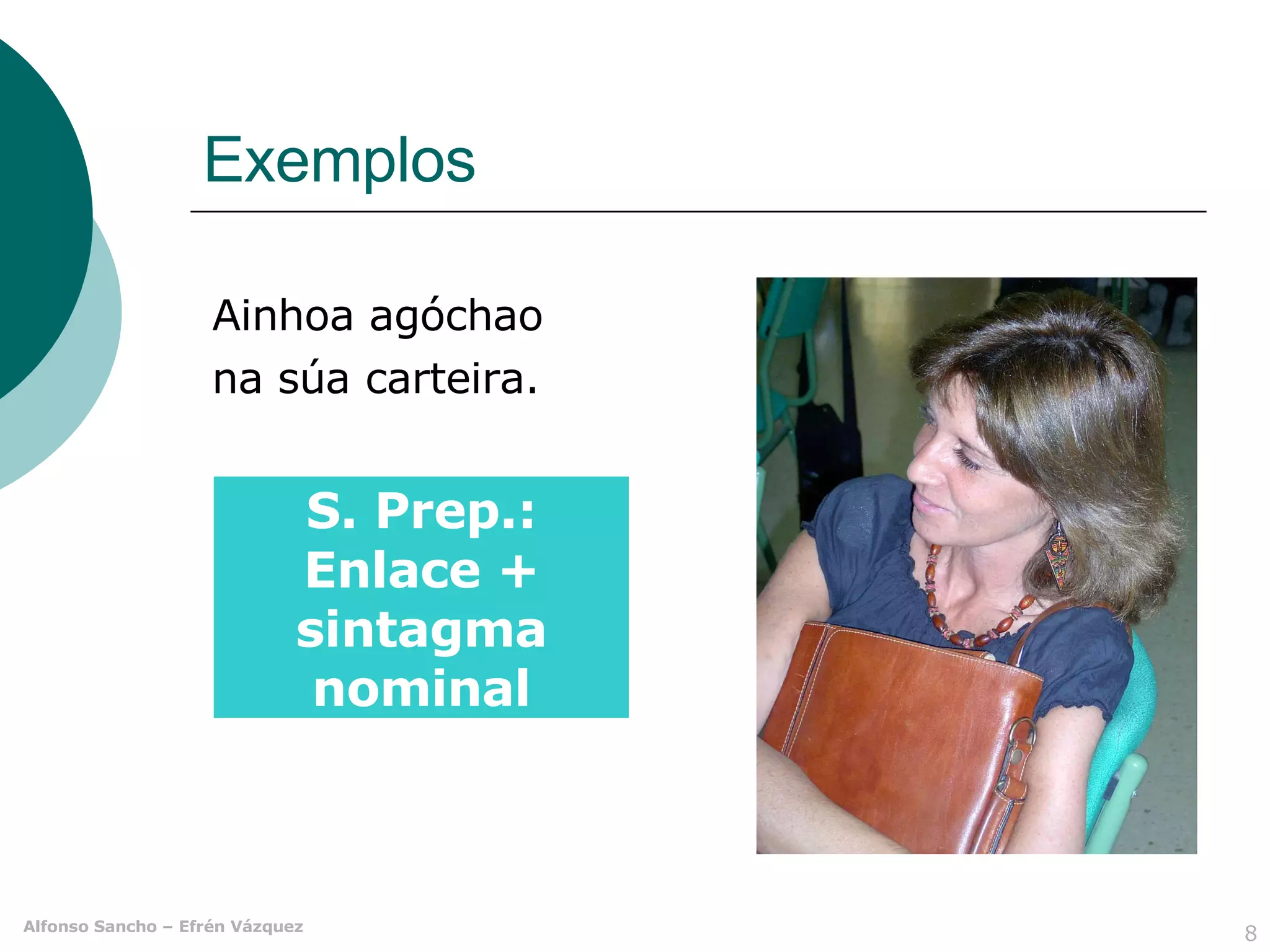 Exemplos Ainhoa agóchao na súa carteira. S. Prep.: Enlace + sintagma nominal 