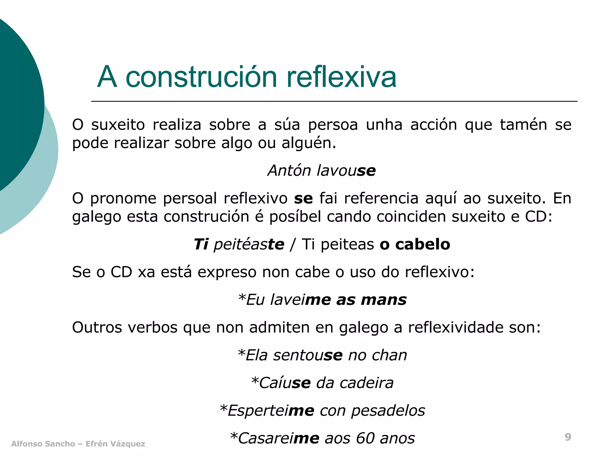 A construción reflexiva O suxeito realiza sobre a súa persoa unha acción que tamén se pode realizar sobre algo ou alguén. Antón lavou se O pronome persoal reflexivo  se  fai referencia aquí ao suxeito. En galego esta construción é posíbel cando coinciden suxeito e CD: Ti  peitéas te  / Ti peiteas  o cabelo Se o CD xa está expreso non cabe o uso do reflexivo: *Eu lavei me   as mans Outros verbos que non admiten en galego a reflexividade son: *Ela sentou se  no chan *Caíu se  da cadeira *Espertei me  con pesadelos *Casarei me  aos 60 anos 