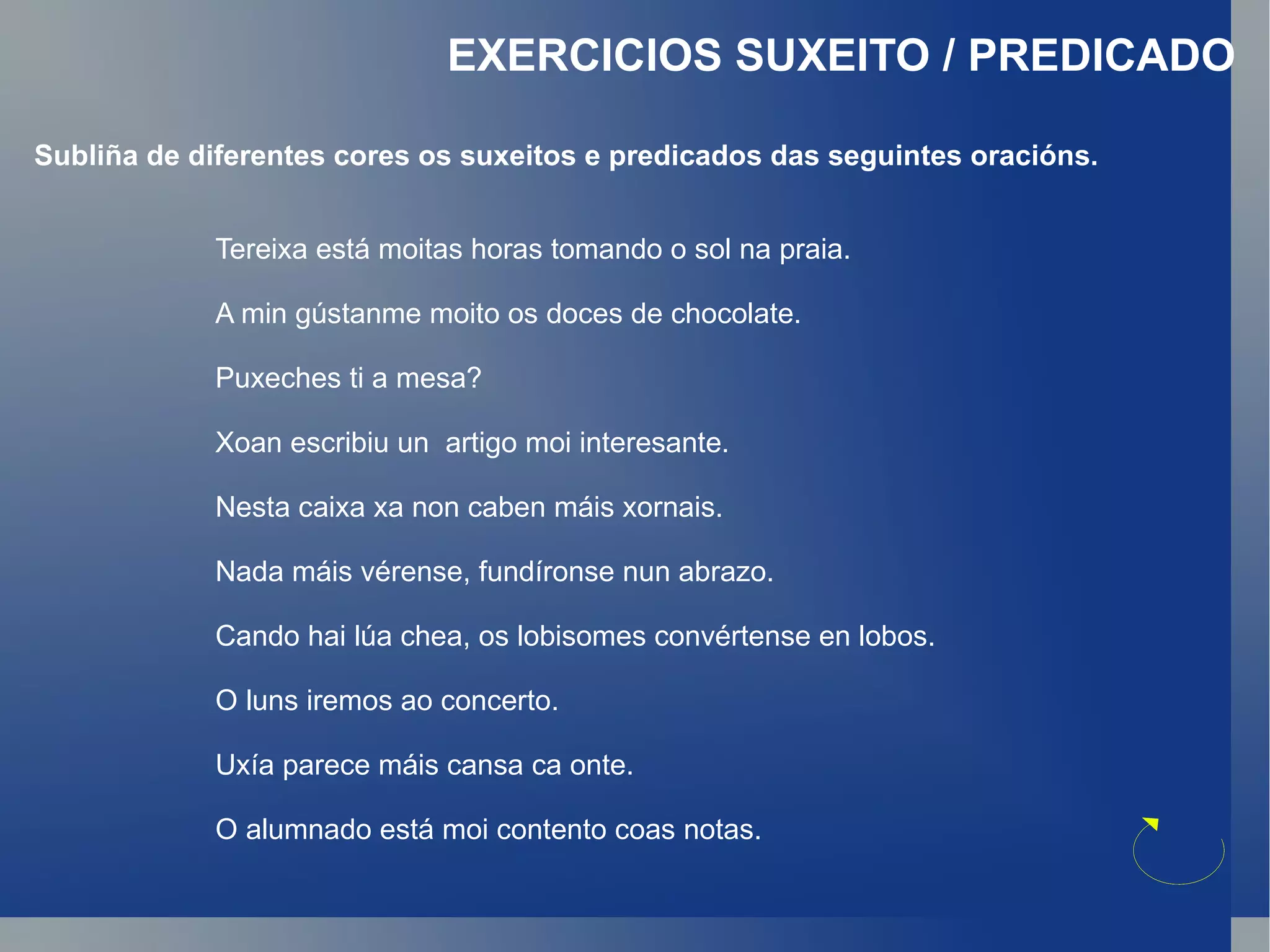 EXERCICIOS SUXEITO / PREDICADO Subliña de diferentes cores os suxeitos e predicados das seguintes oracións.  Tereixa está moitas horas tomando o sol na praia. 
