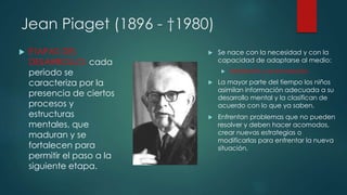 Jean Piaget (1896 - †1980)
 ETAPAS DEL
DESARROLLO: cada
periodo se
caracteriza por la
presencia de ciertos
procesos y
est...