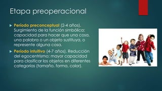 Etapa preoperacional
 Período preconceptual (2-4 años).
Surgimiento de la función simbólica:
capacidad para hacer que una...